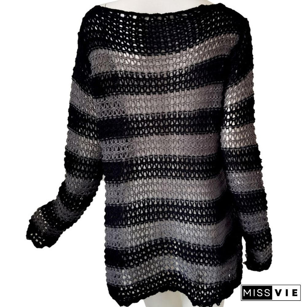 Colorbock Stripe Knit Hollow Out Hole Ripped Sweater