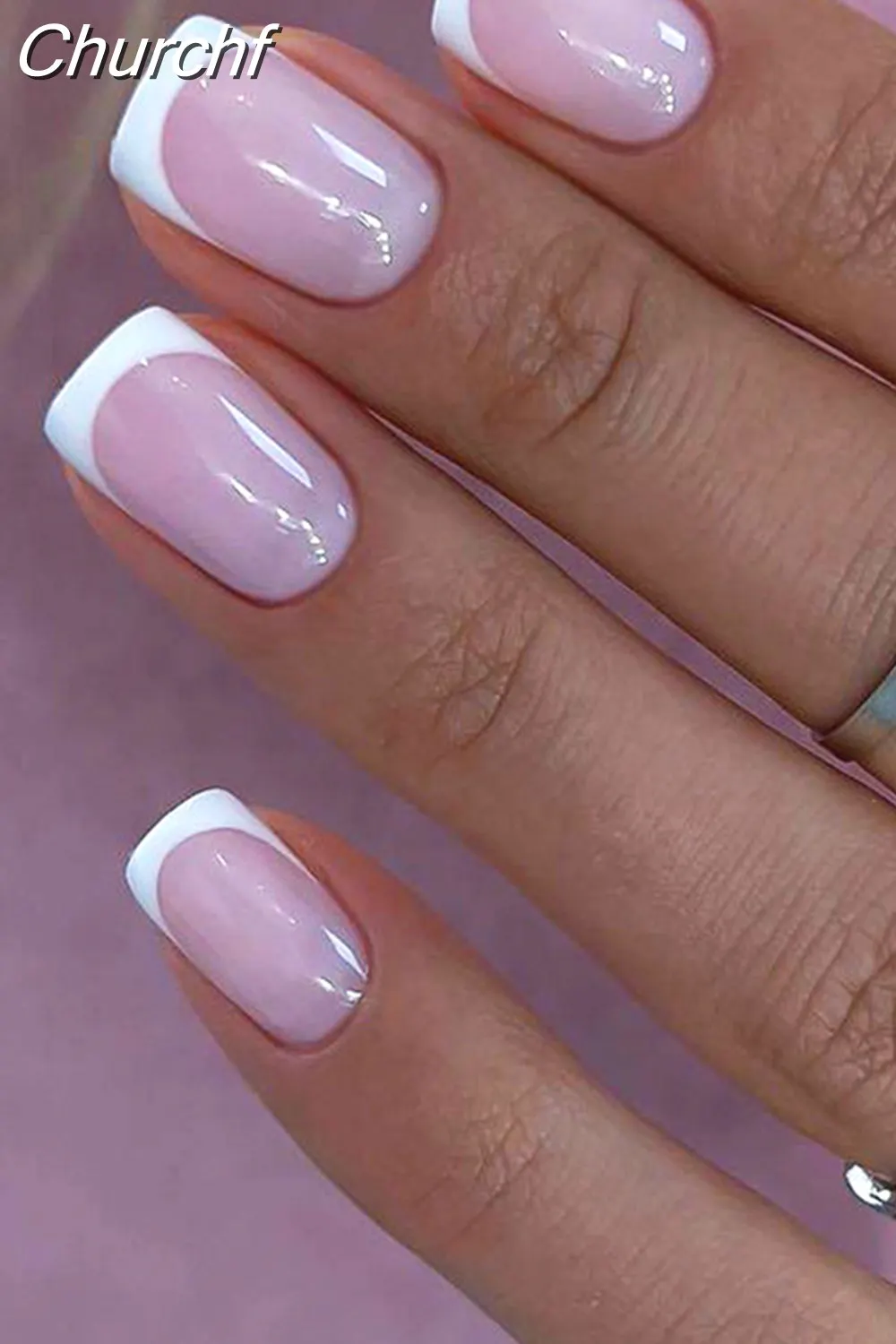 Churchf French White Side False Nails Wearable Rhinestone Desgin Fake Nails Short Simple Nail Full Cover Nail Tips Press On Nails-Nail Inspo