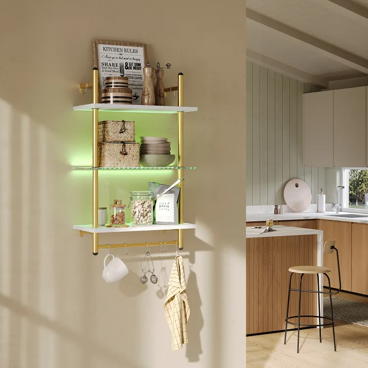 Bestier 3-Tier Floating Shelves for Wall with LED Light Wall-Mounted Wood Shelves
