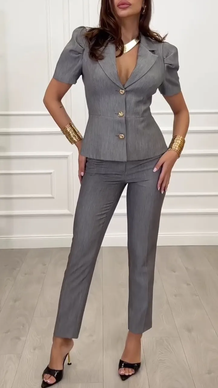 Grey Puff-Sleeve Tailored Suit