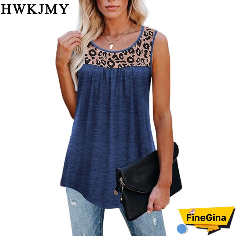 Summer Womens Fashion Casual O Neck Sleeveless Tops Leopard Printed Patchwork Camisole Loose Pleated Tank Tops Ladies Blouses
