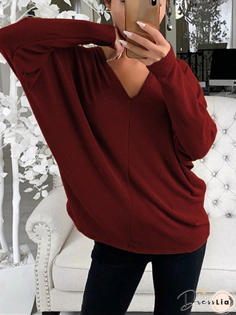 Women's T-Shirts Simple V-Neck Off-Shoulder Long Sleeve T-Shirt