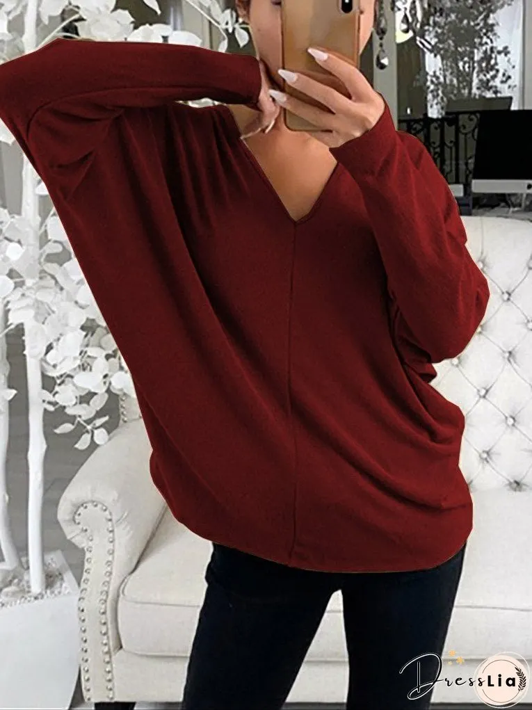 Women's T-Shirts Simple V-Neck Off-Shoulder Long Sleeve T-Shirt