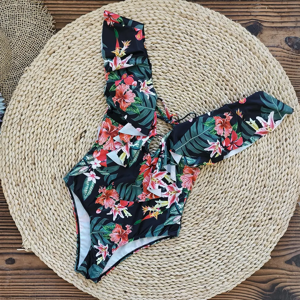 Churchf Printed Flowers Even Lotus Leaf Side Body Swimsuit Women 2025 New Swimsuit Bare Back