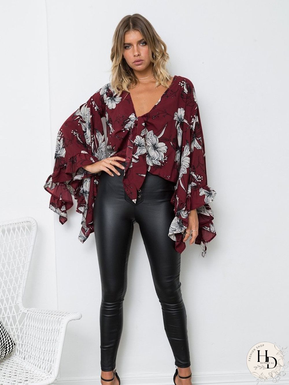 Long Sleeve Floral V-Neck Irregular Hem Top