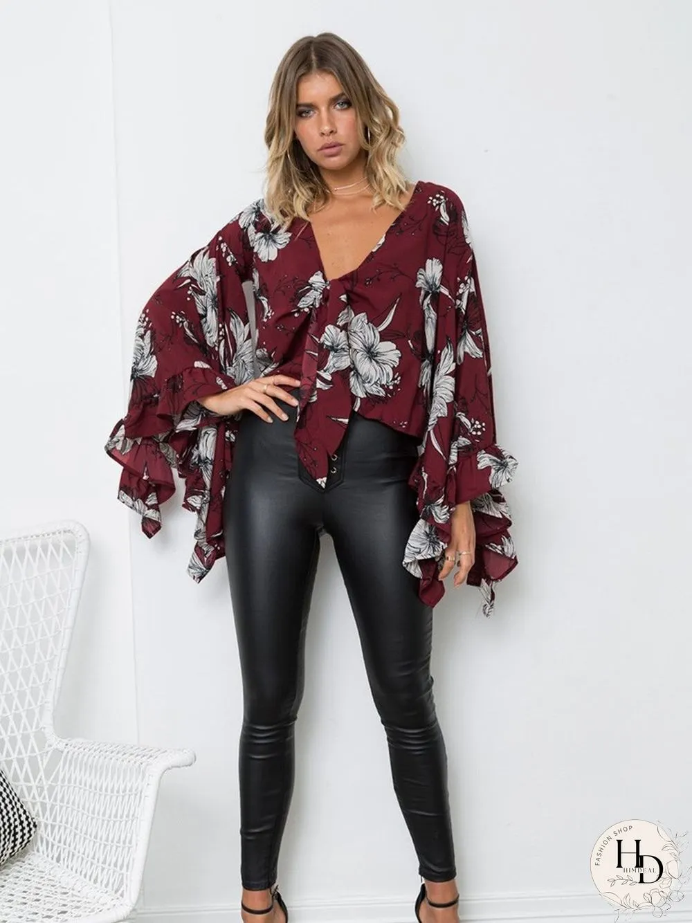 Long Sleeve Floral V-Neck Irregular Hem Top