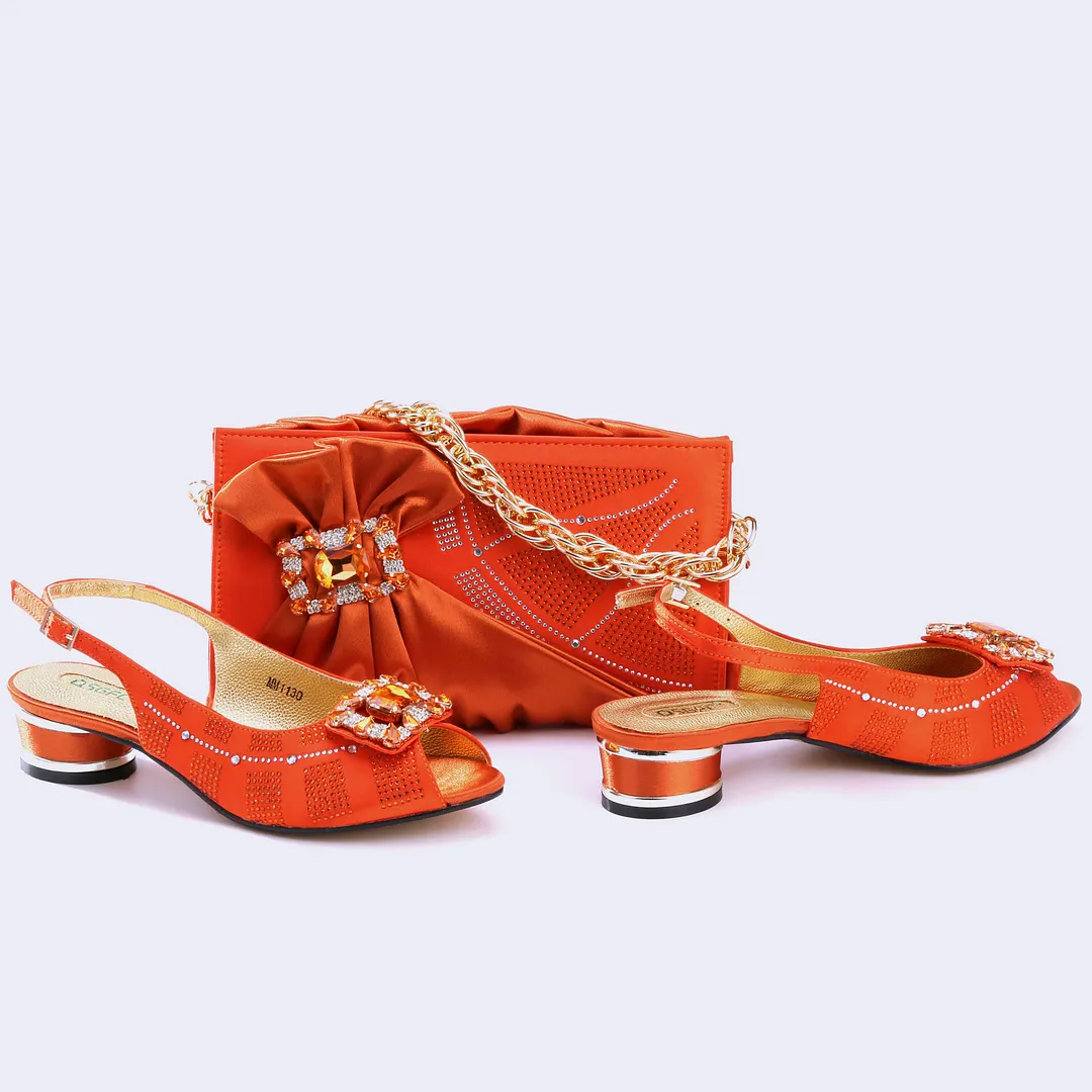 QSGFC 2022 Italian Design Nigerian Fashion Party Gold Color Ladies Shoes and Bag Set With Rhinestone and Metal Decoration