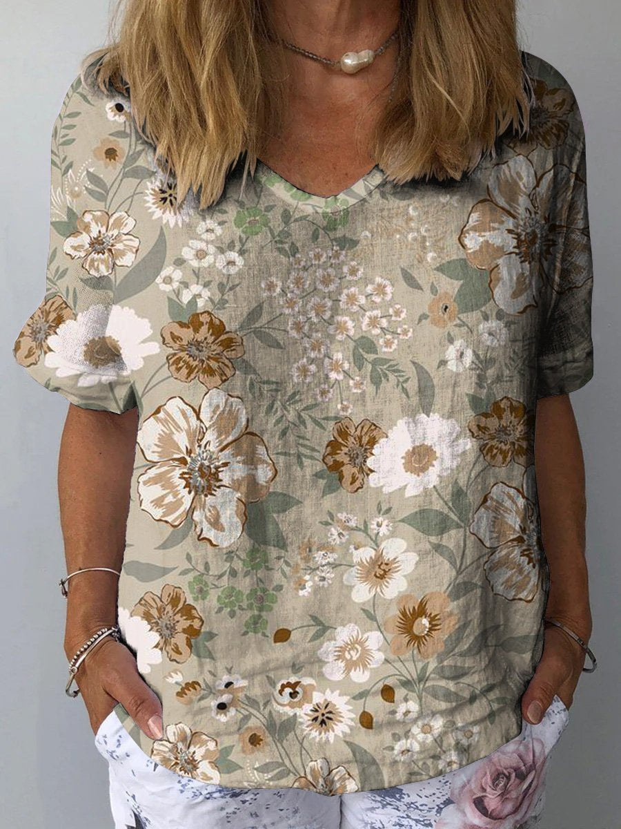 Botanical Floral Pattern Printed Women's Casual Cotton And Linen Shirt