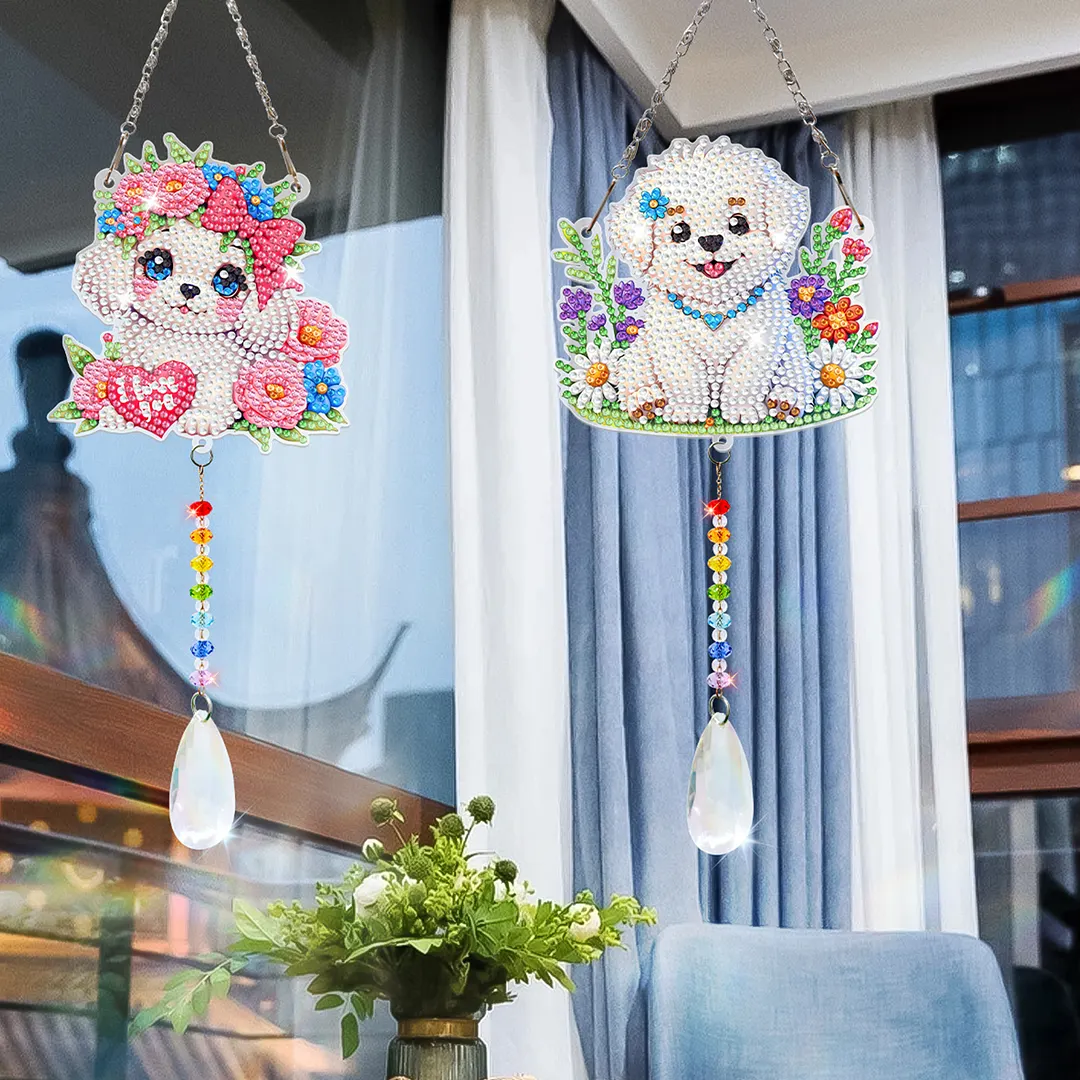 2Pcs Dog DIY Acrylic Diamond Painting Art Wind Chimes with Crystal Pendant Diamond Art Hanging Pendant Double-Sided for Adults Beginners Gift Home Garden Decor