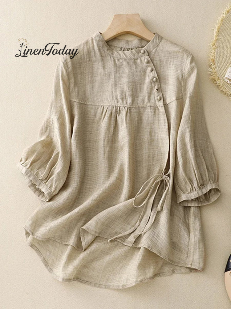 Women&rsquo;s Puff Sleeve Cotton And Linen Shirt Khaki / M