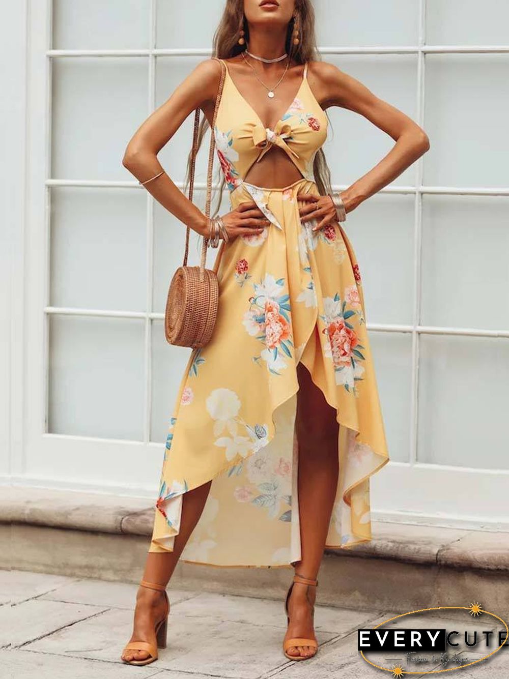 Pink Sleeveless Flowers Printed Irregular Hem Dress