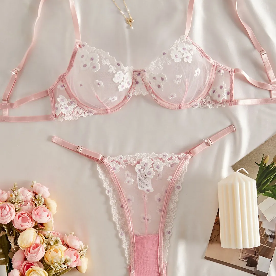 Sdrawing French Sweet Print Embroidery Mesh Perspective Comfort Set In Autumn 2025
