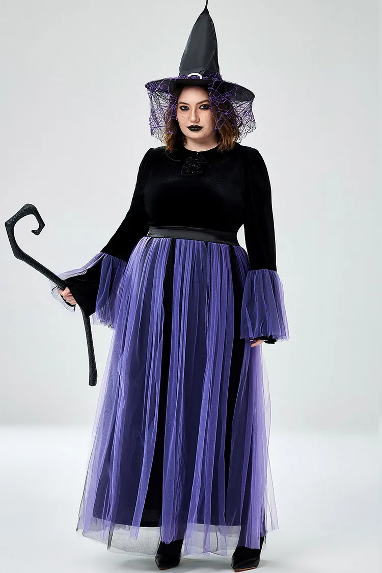 Xpluswear Design Plus Size Halloween Costume Purple Cosplay Witches Overlay Mesh Maxi Dress (Without Hat And Cane)（Ships 24h） 2024 - Xpluswear