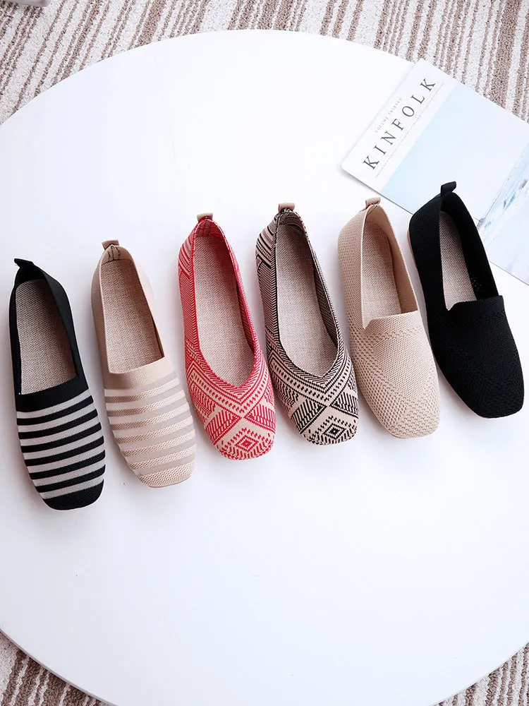 2022 Plus Size Spring New Ballet Flats Women Square Toe Knit Fabric Loafers Breathable Flat Heel Drive Shoes Driving Sneaker