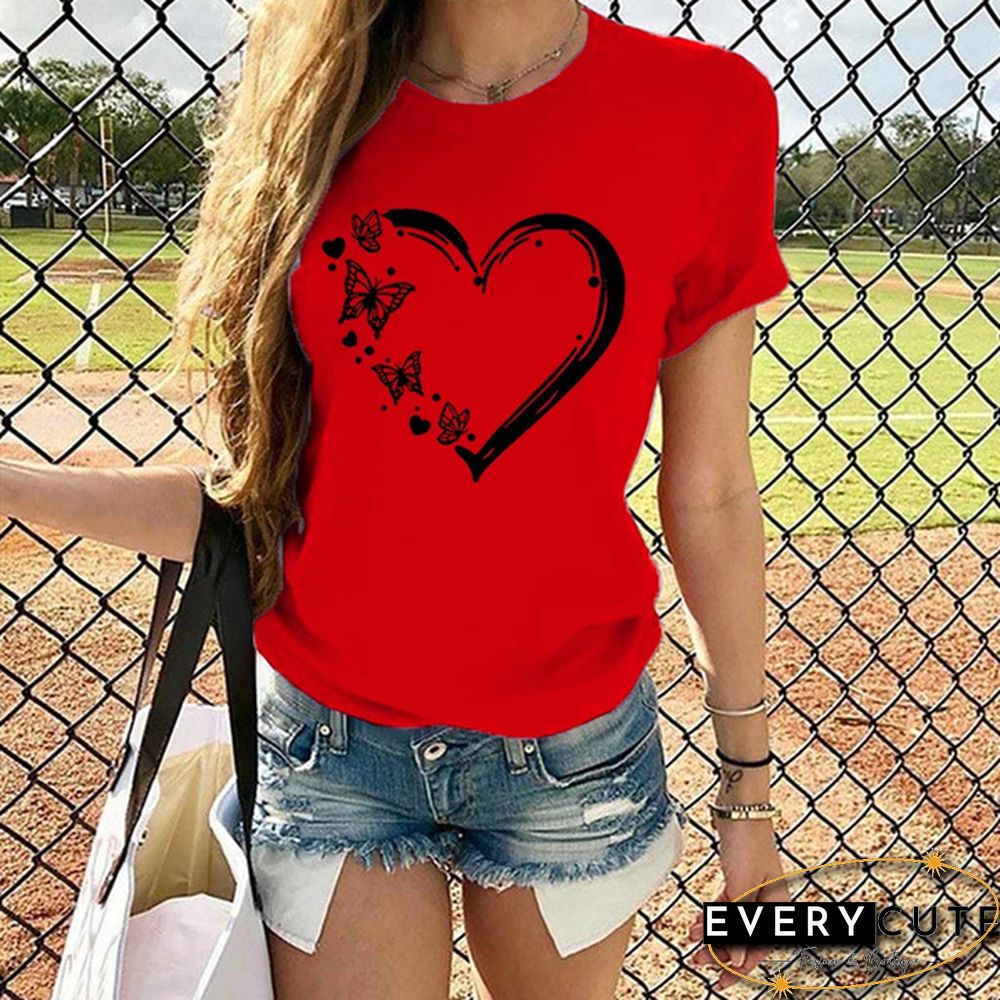 New Ladies Heart-shaped Print Short-sleeved T-shirt Fashion Round Neck T-shirt Womenu3002