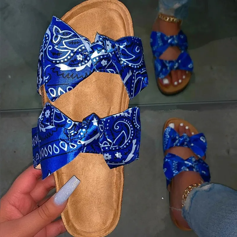 New Summer Women Sandals Silk Bow Flat Shoes Ladies Beach Shoes Slipper Outdoor Fashion Student Home Casual Slippers 35-43