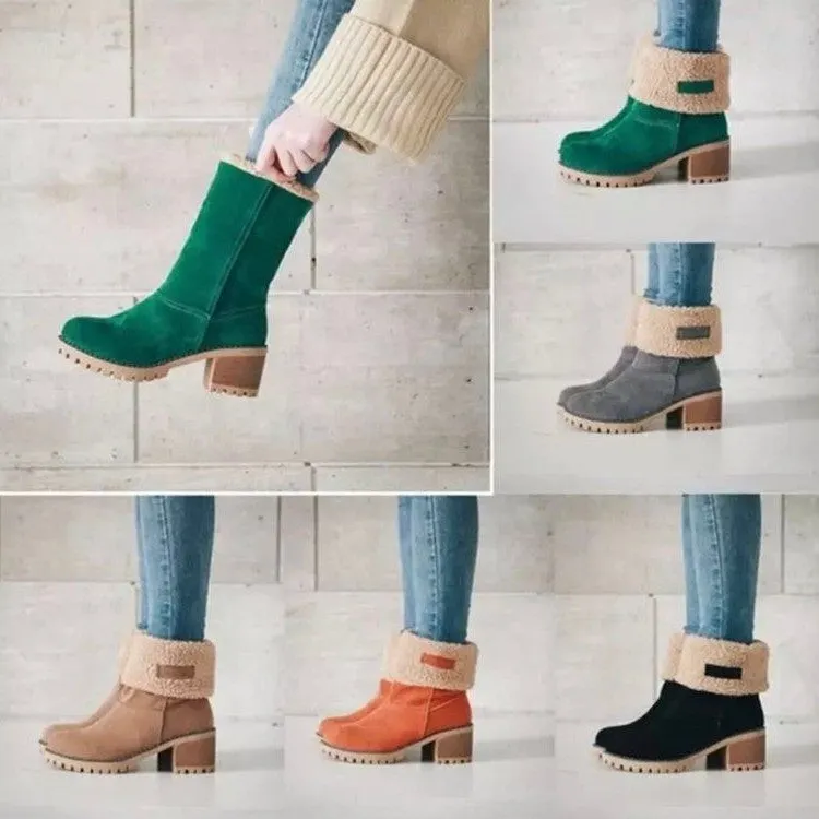 Winter Womens Black Beige Plush Lining Shoes Ankle Boots Med Heel Chunky Heels Shoes Warm Boot Metal Decoration Boots for Women
