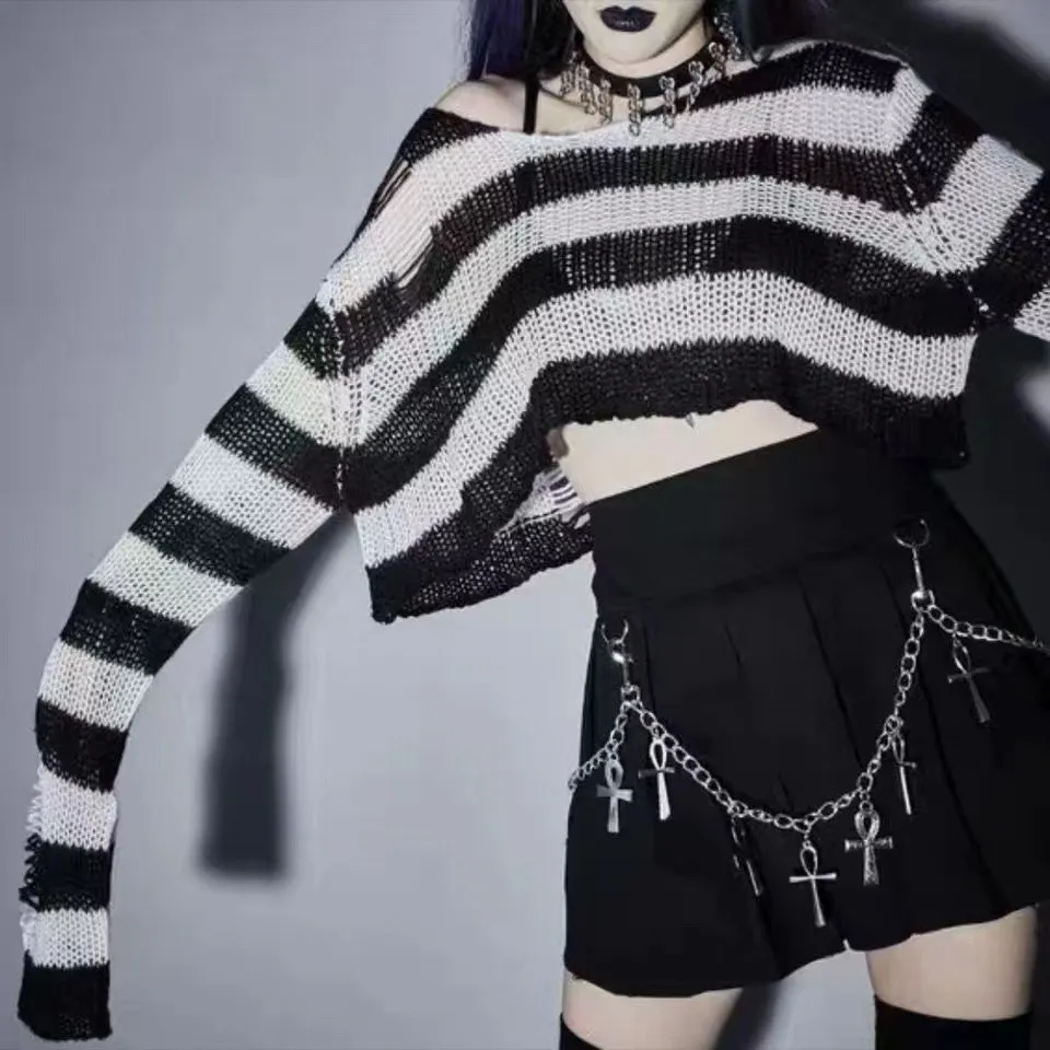 Churchf Churchf Hole Ripped Short Sweater Female Couple Striped Loose Punk Dark Sweater Versatile Knit