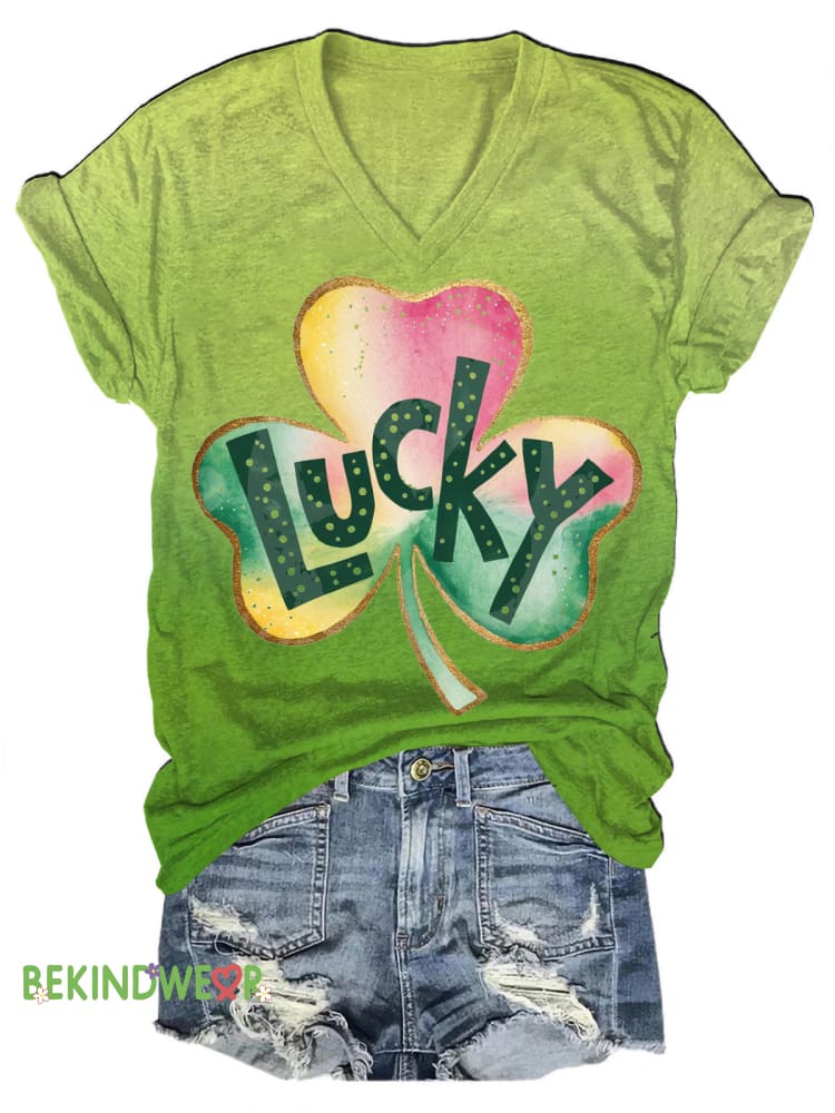 Lucky Shamrock St. Patrick&rsquo;s Day Gradient V-Neck Casual Short Sleeve T-Shirt Multicolor / S