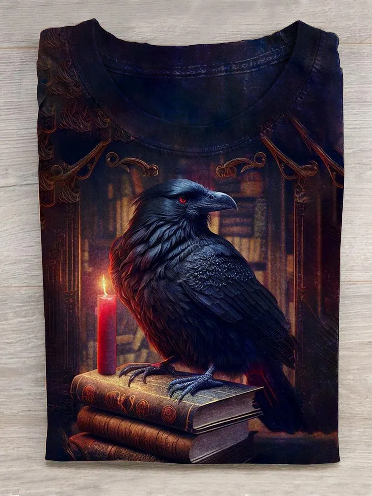 Unisex Halloween Raven Print Casual T-Shirt