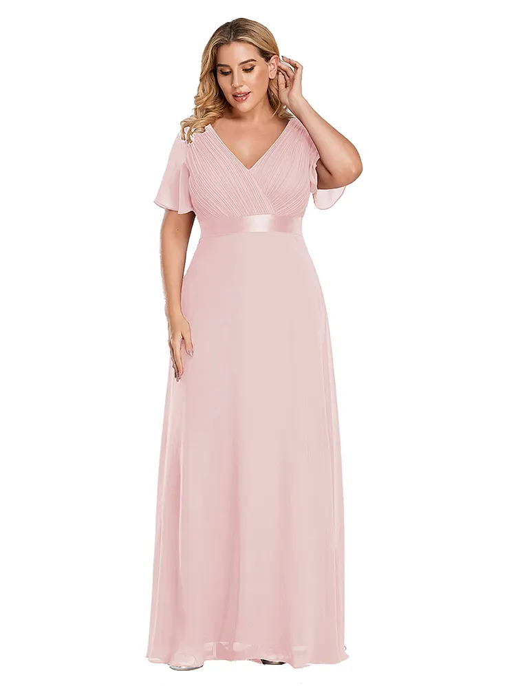 Congentium Women's V Neck Short Sleeve Long Dresses Pleated High Waist Prom Party Evening Maxi Dress