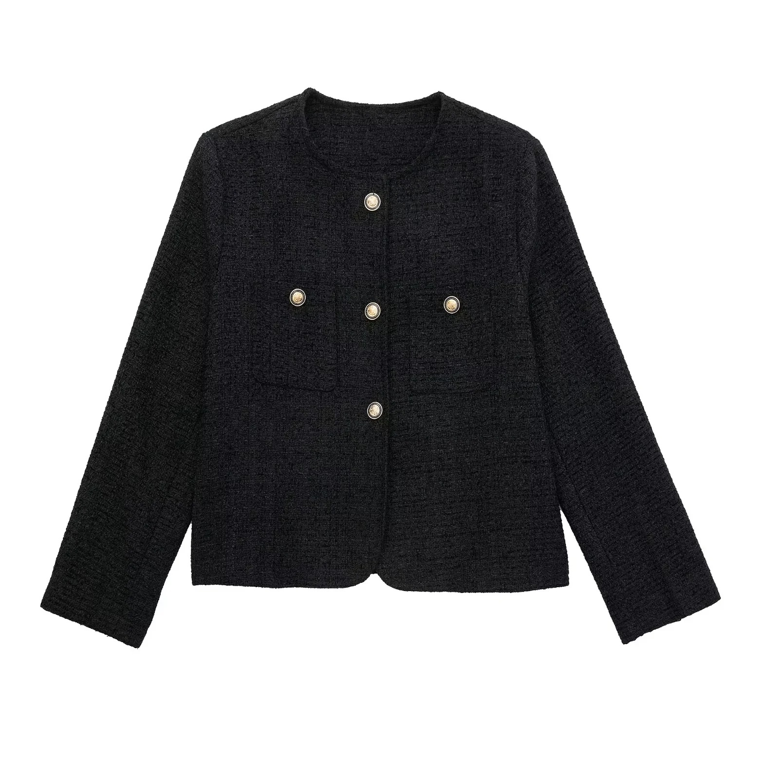 MERUMOTE Women's Classic Retro Metal Button Round Neck Tweed Mini Jacket-MERUMOTE