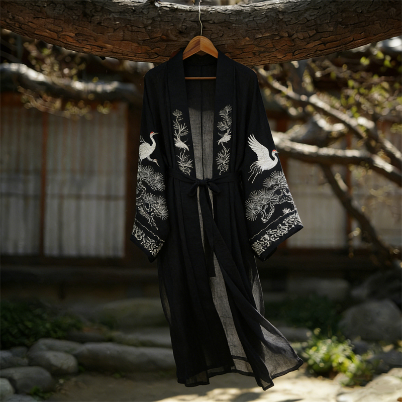 Classy Cranes & Pine Trees Tied Flowy Linen Long Kimono elevenforest