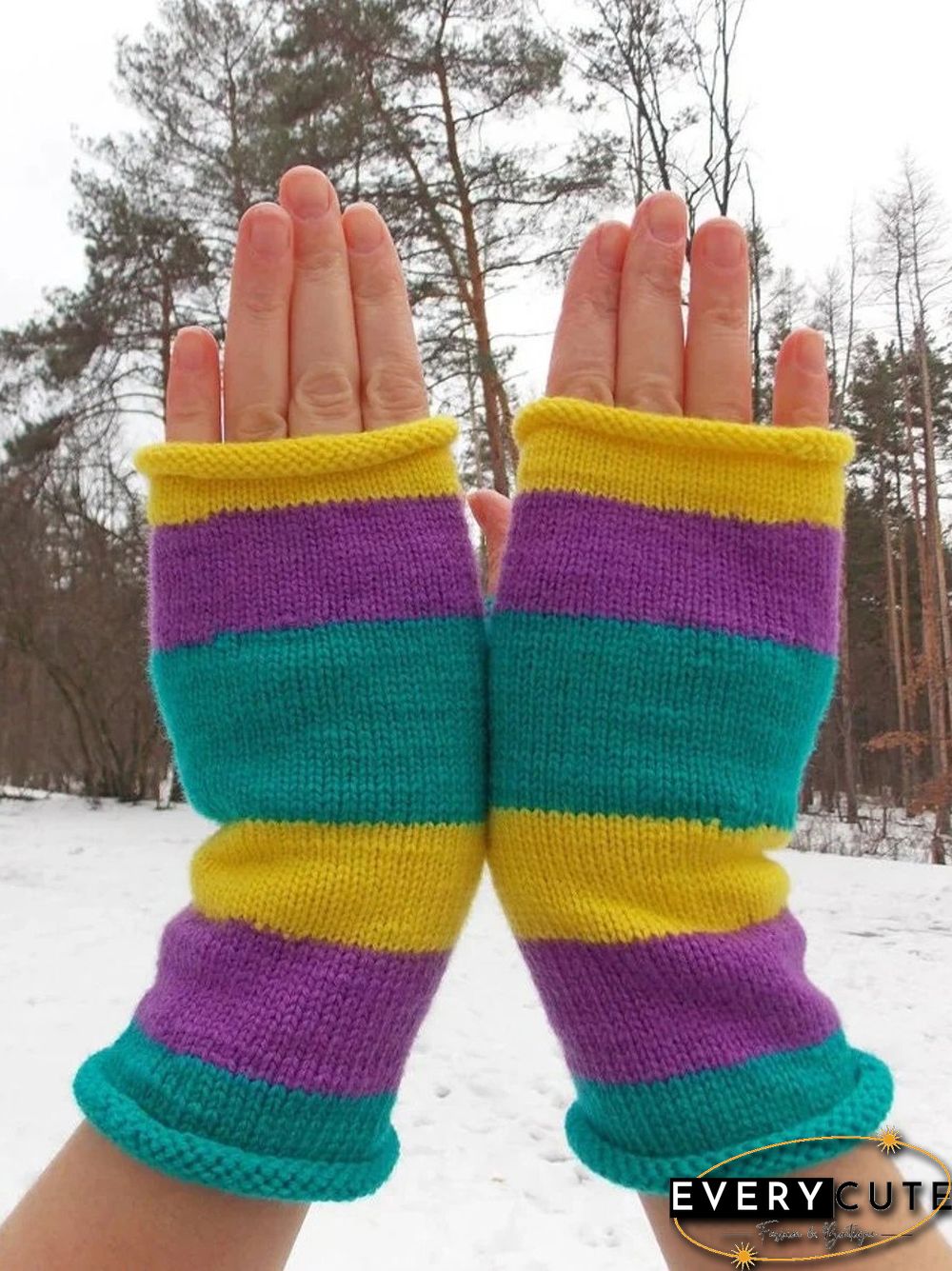 Contrast Stripe Pattern Handwoven Half Finger Gloves