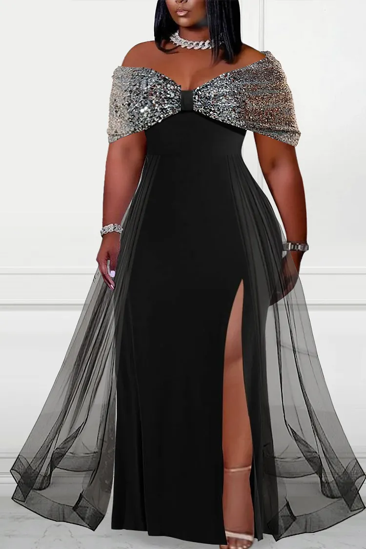 Shoulder Black Plus Size Evening Gown Off-Shoulder Plus Long La Femme Prom  Gown PromGirl Black