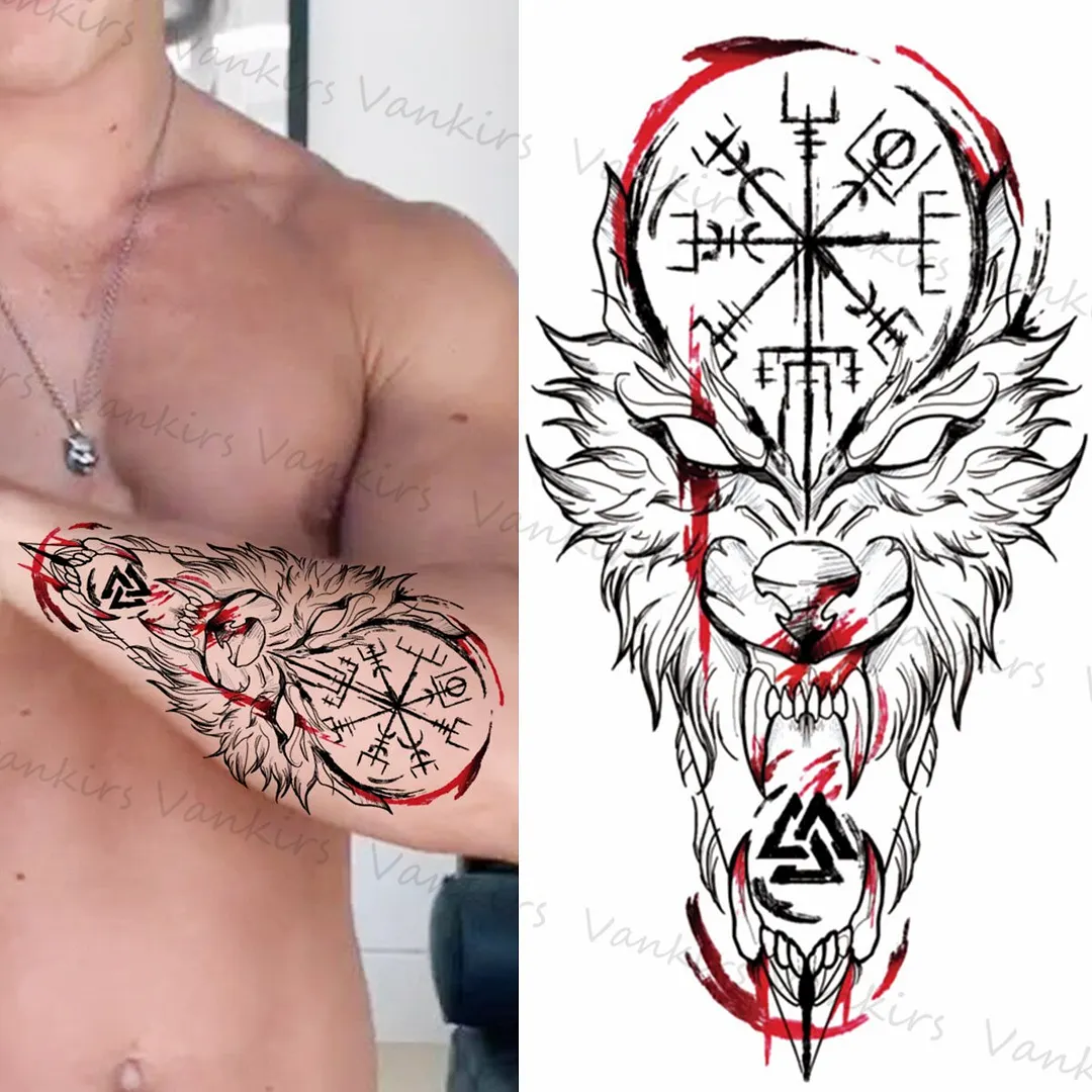 Sdrawing Lion Crown Temporary Tattoos For Women Men Wolf Compass Tiger Mountain Flower Fake Tattoo Sticker Arm Body Tatoos