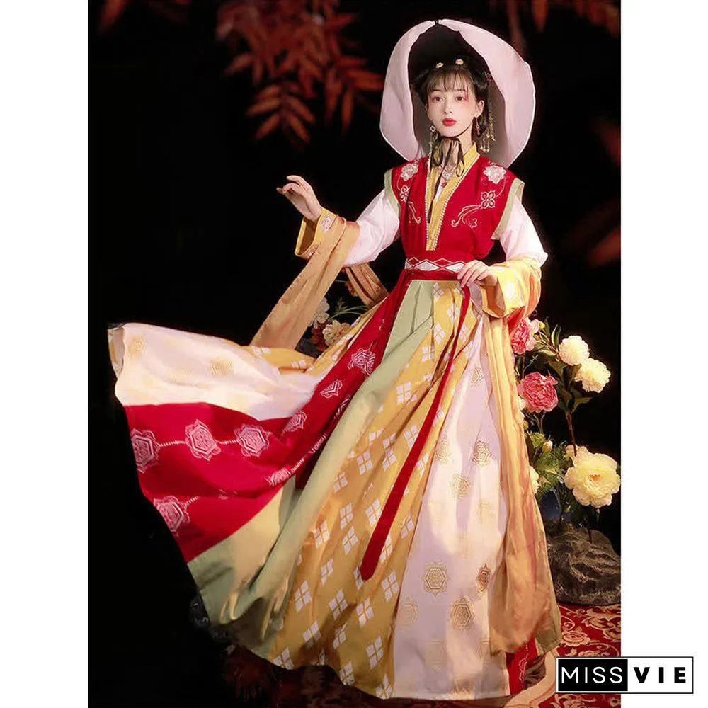 Vintage Embroidery Vest Long Sleeve Shirt Clorblock Skirt Three Pieces Set
