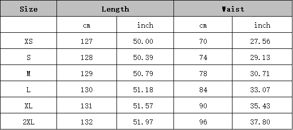 Size chart table displaying length and waist measurements in centimeters and inches for the button front high slit denim maxi overall dress from xs to 2xl sizes.