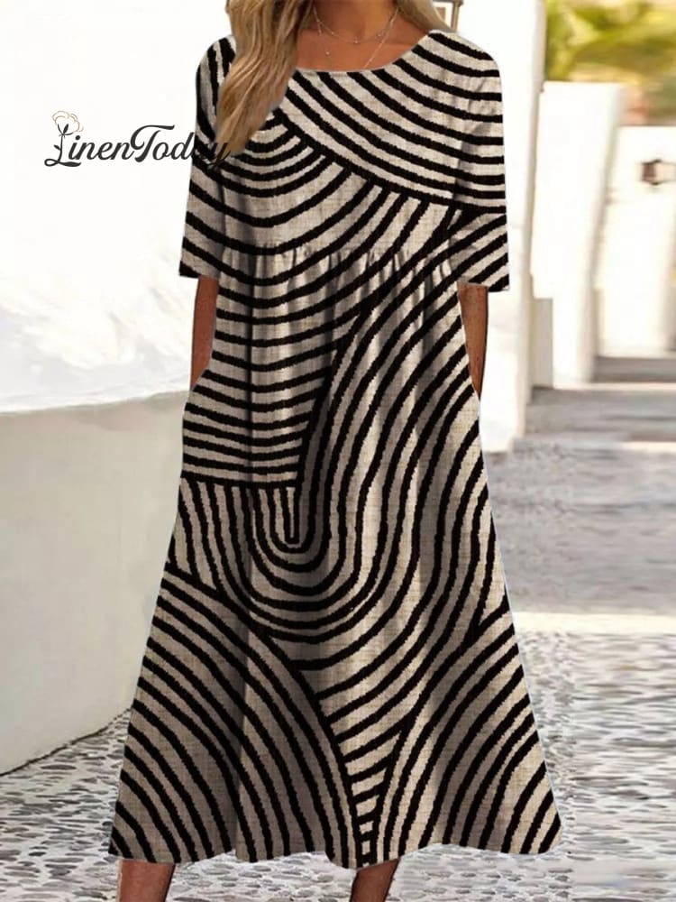 Women&rsquo;s Retro Hand Drawn Geometric Line Print Pocket Cotton Dress Multicolor / S