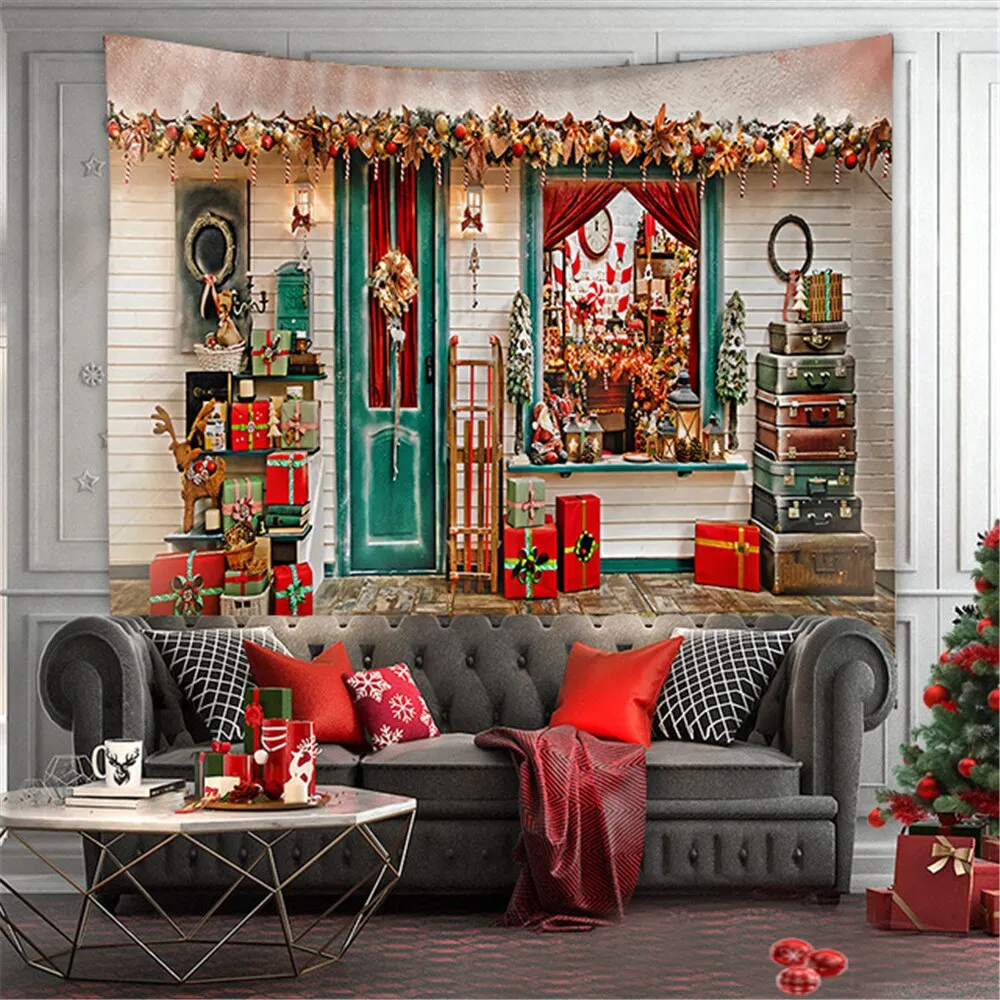 Merry Christmas Tapestry Wall Hanging Christmas Tree Fireplace Wall Cloth Tapestries Psychedelic Boho Decor Wall Tapestry Carpet
