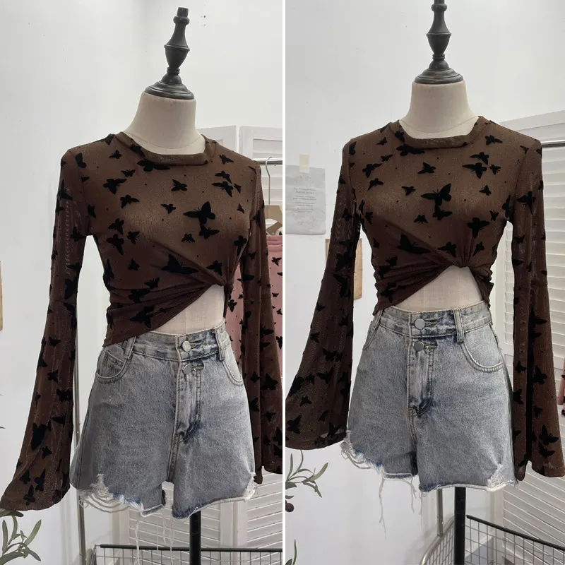 Brownm Real Shooting Spice Girl Butterfly Shiny Shiny Mesh Yarn Long-Sleeved T-Shirt Horn Sleeve Short Repair Body Jacket 8031