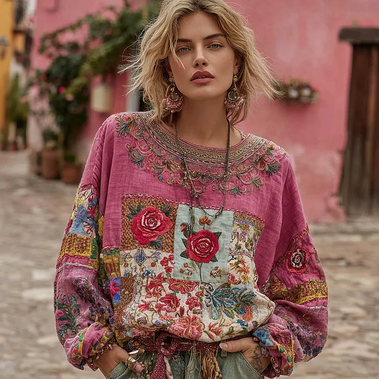 Women's Vintage Bohemian Rose And Floral Ethnic Embroidered Patchwork Linen Tunic
