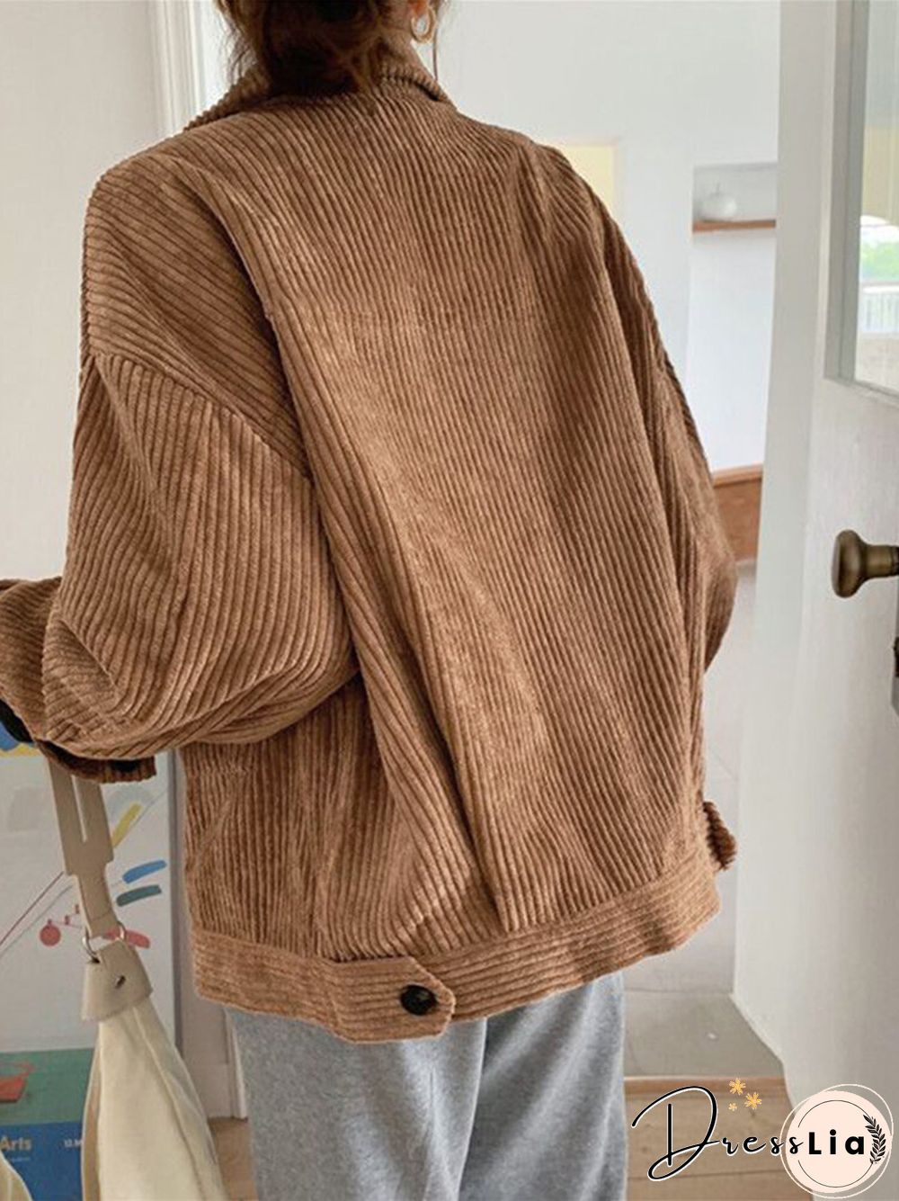 Corduroy Solid Pocket Button Loose Long Sleeve Lapel Jacket