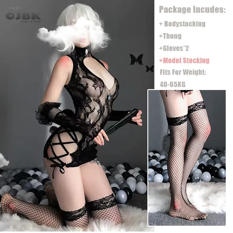 Billionm OJBK Open Chest Temptation Retro Lace Side Strap Bodysuit With Flower Pattern Erotic Lingerie Stretch Mesh Body Stockings New