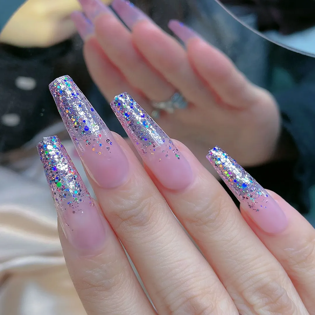24pcs Extra Long Matte Fake Nails Ballerina Coffin Dark Blue Colorful Rhinestone Decals False Nails with designs Nail Art-Nail Inspo