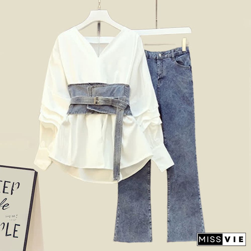 V-neck Belted Shirt High Waist Denim Pants Set