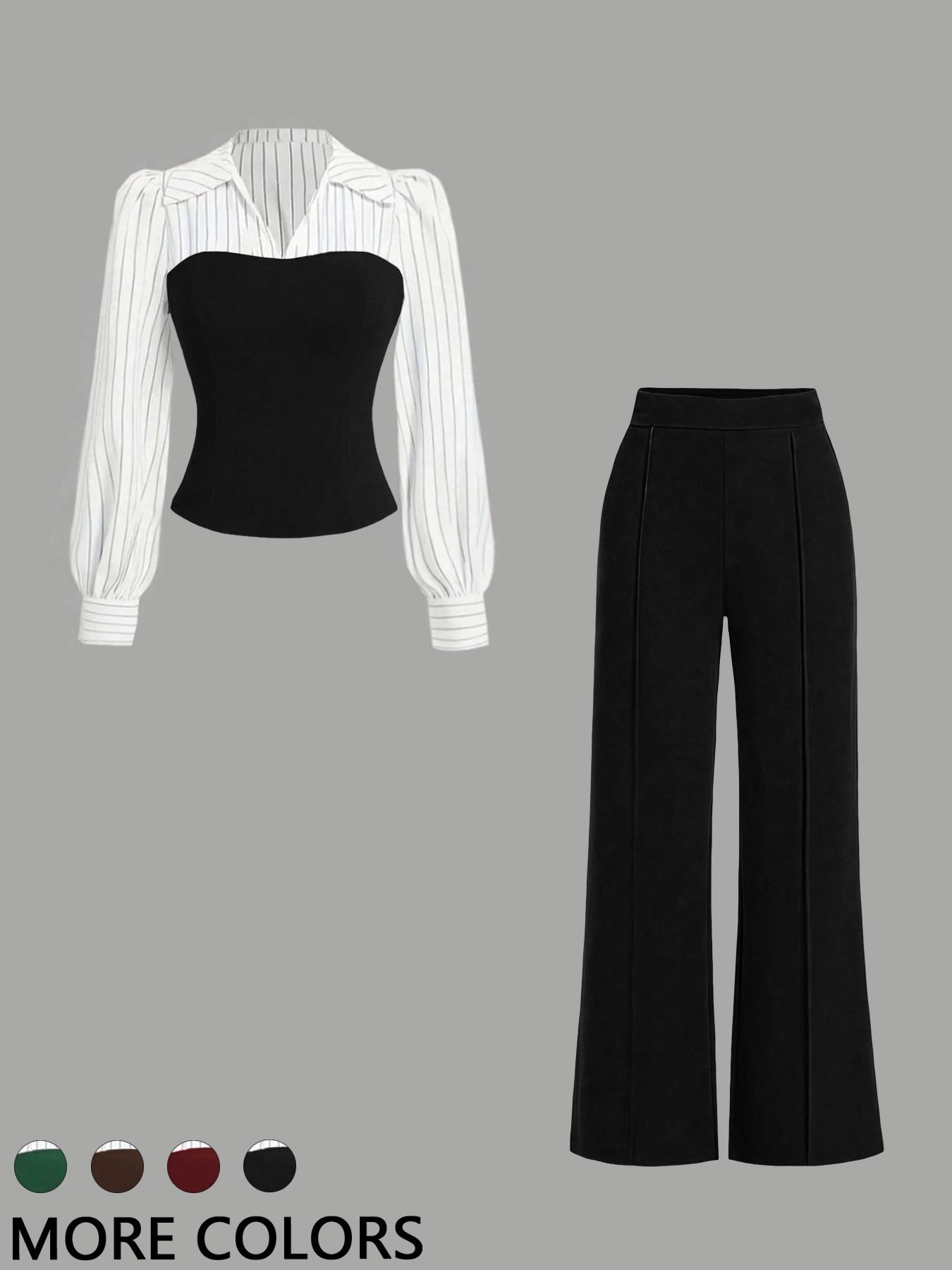 Women's Long Sleeve Colorblock Patchwork Shirt Set, Slimming Waist Design, Straight Leg Pants, Casual Fashion, Chic, Style, 2 Piece Set, Womenswear