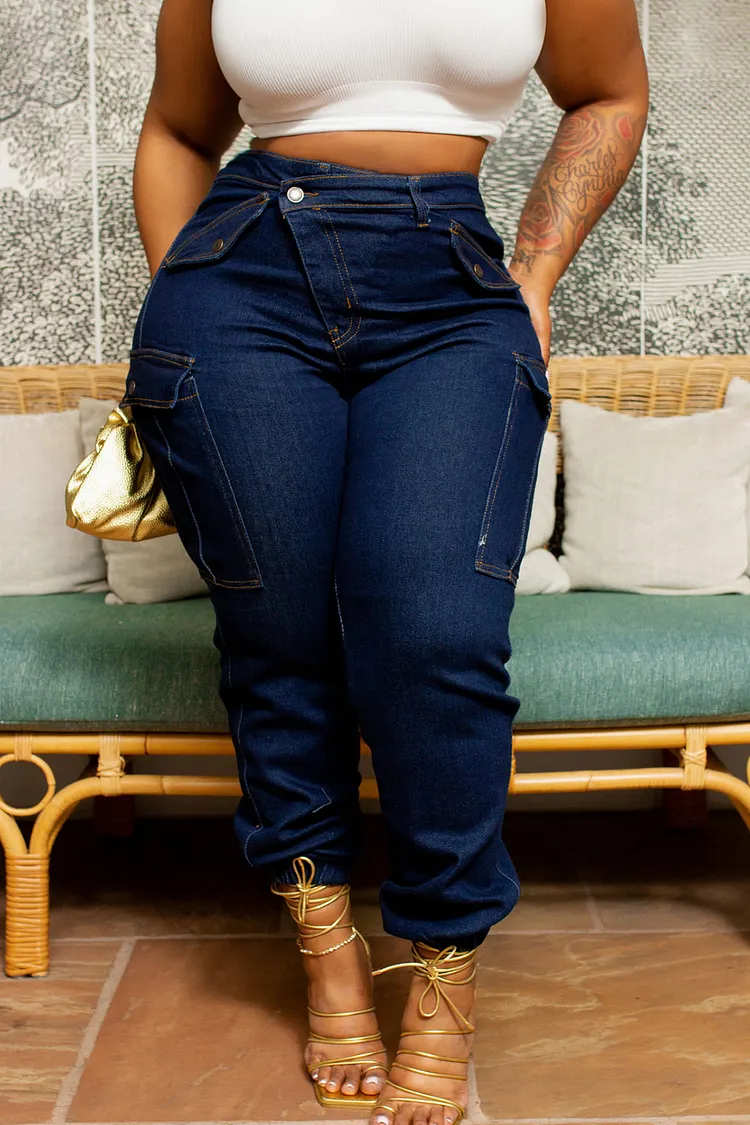 Xpluswear Plus Size Blue Daily Denim Asymmetric Waist With Pocket Cargo Jeans  2024 - Xpluswear