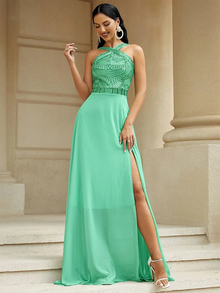 Sequin Panel Chiffon Prom Dress JMH3193