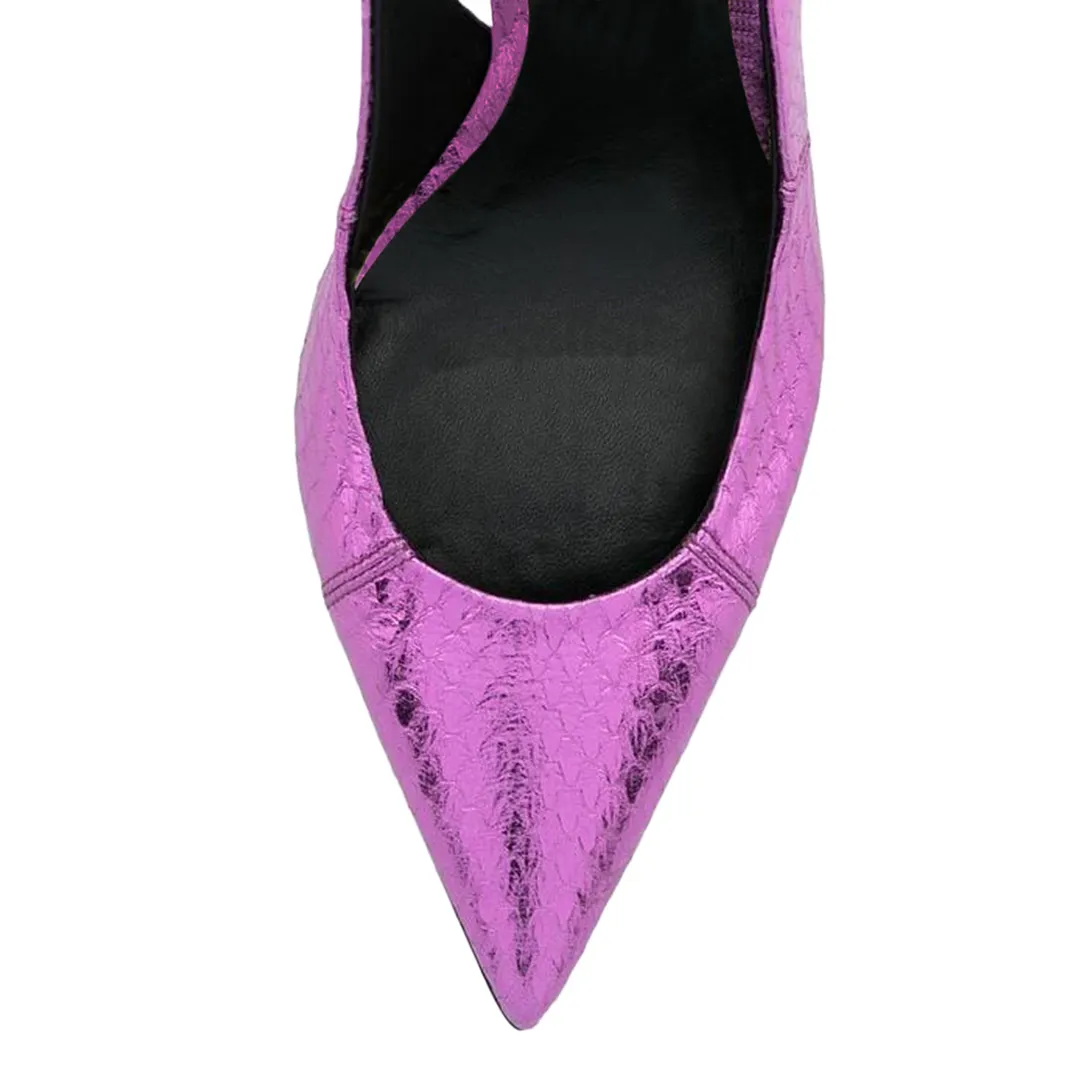 Purple Metallic Touch Croc-Embossed Pointed Slingback Party Pumps