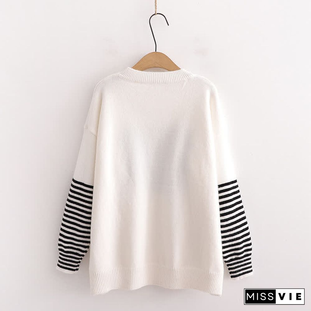 Cartoon Bear Pattern Stripe Sleeve Knit Sweater