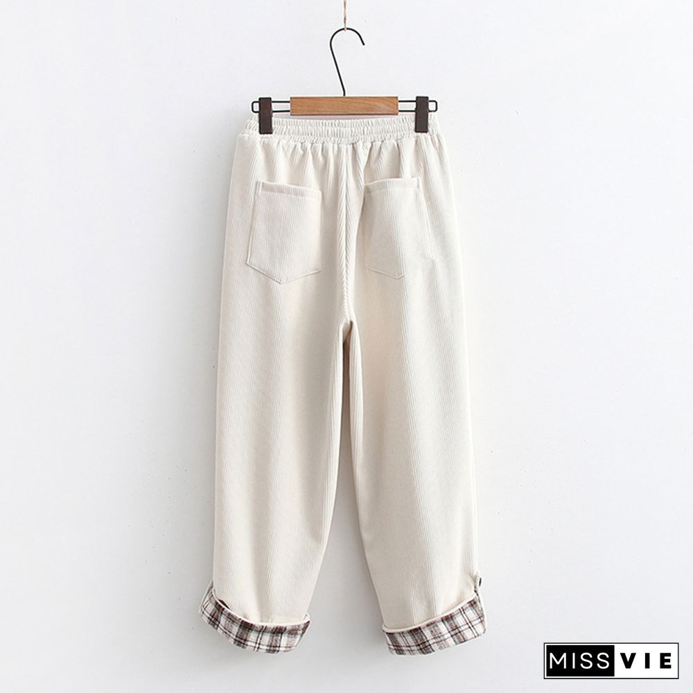 Corduroy Elastic Waist Plaid Roll Up Hem Pants
