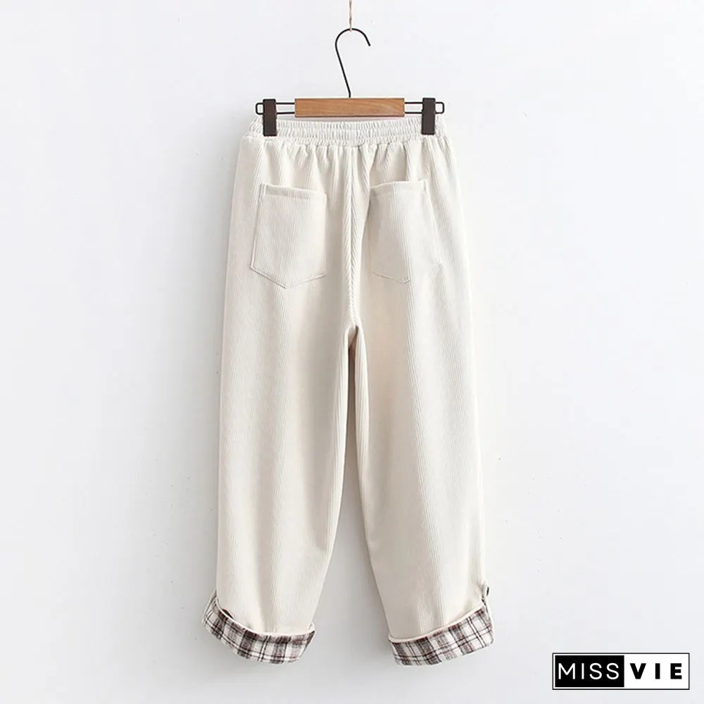 Corduroy Elastic Waist Plaid Roll Up Hem Pants