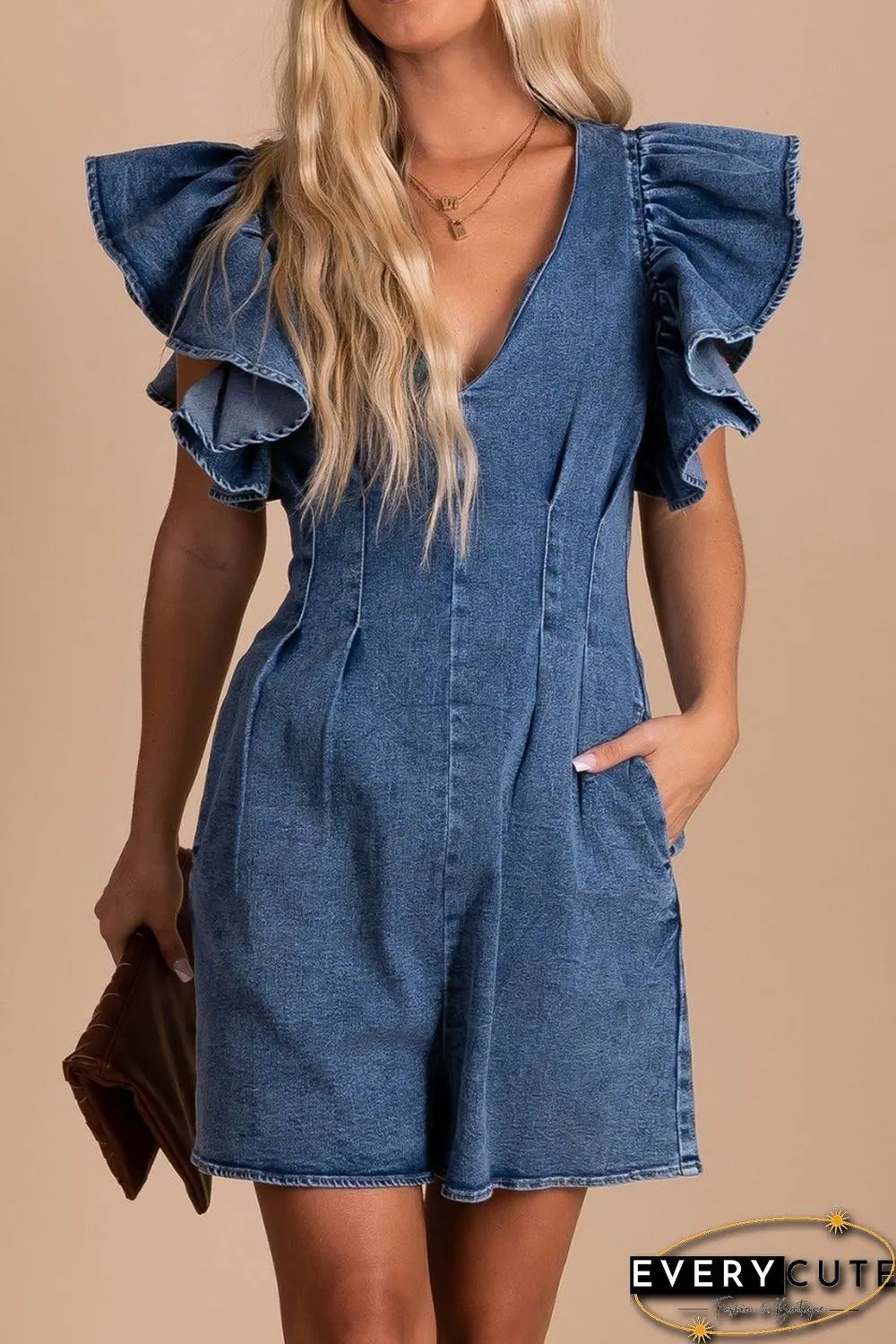 Blue Ruffle Pleated Denim Romper with Pockets