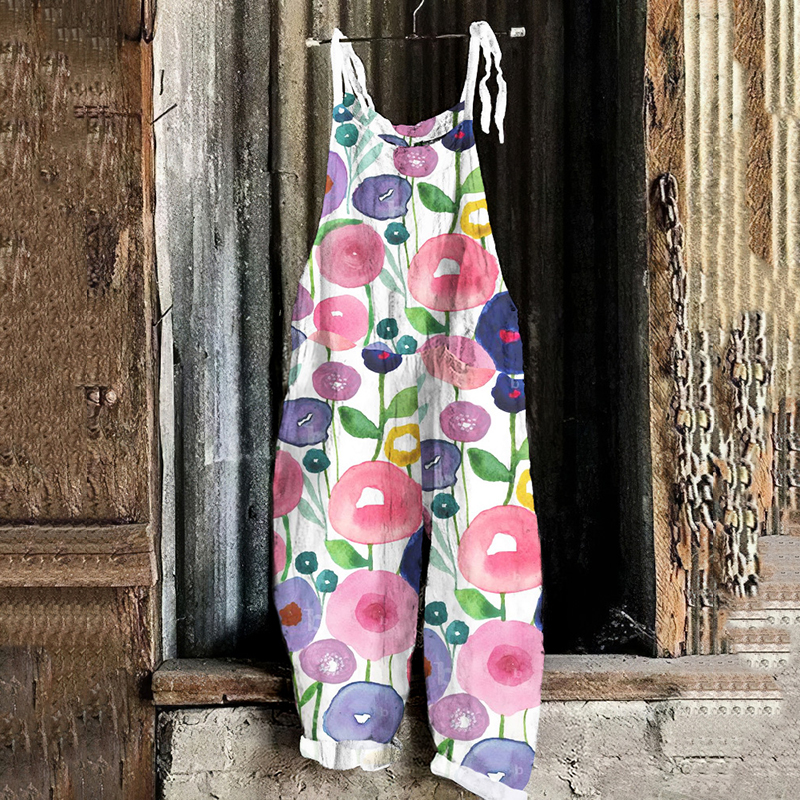 Vintage Flowers Art Print Linen Loose Casual Jumpsuit