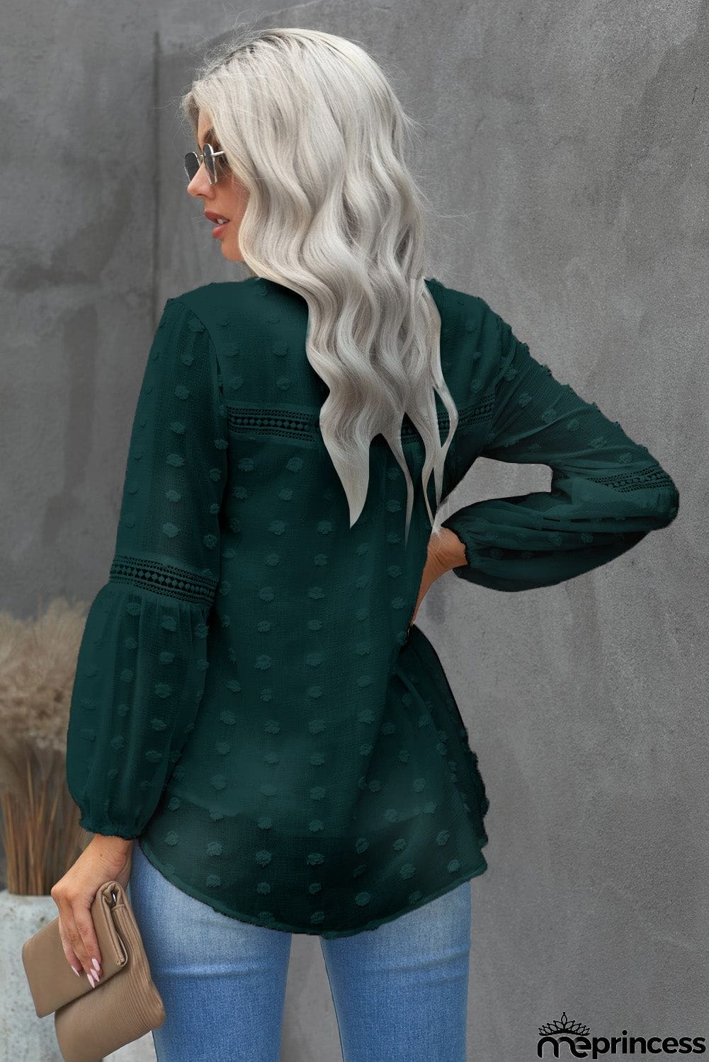 Ruffled Split Neck Lace Hollow Out Puff Sleeve Polka Dot Blouse